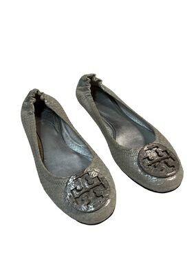 Tory Burch Reva Python Embossed Ballet Flats Gray Leather Logo Women’s Sz 9.5